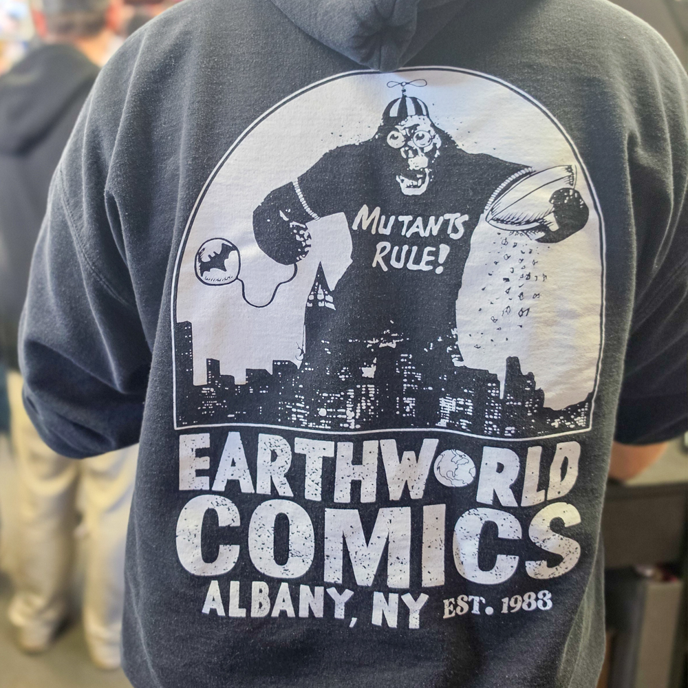 Earthworld Comics shirt detail during Free Comic Book Day