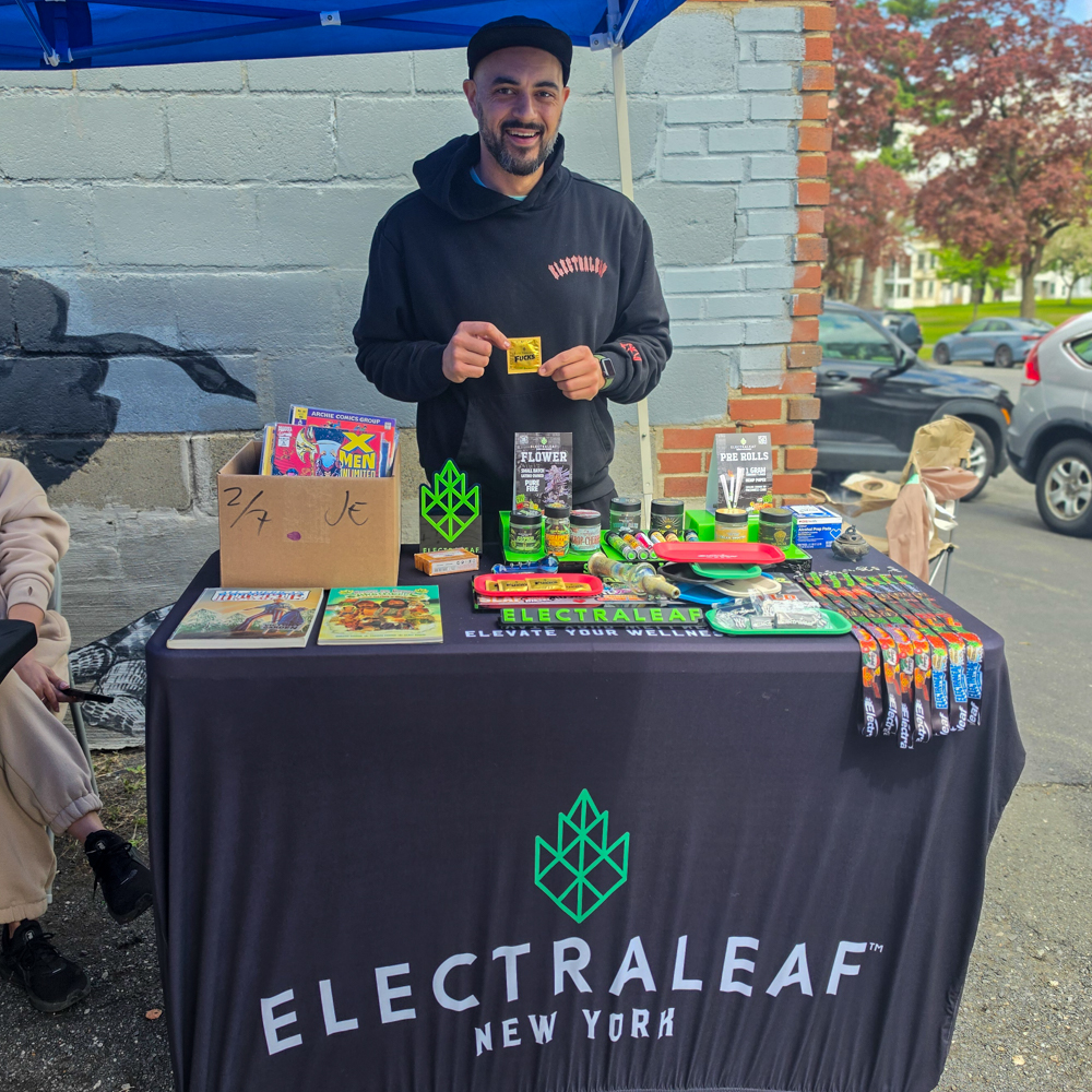 Electraleaf New York vendor table outside Earthworld Comics during Free Comic Book Day