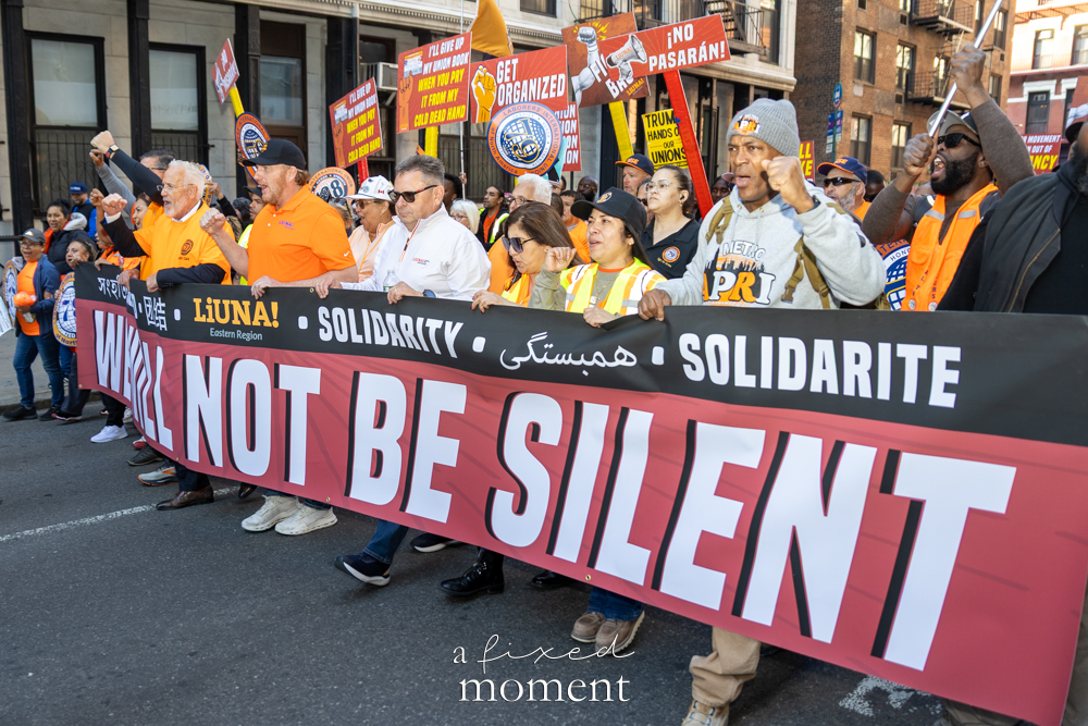 LIUNA members march with a solidarity banner during the May Day Protest in New York City on May 1, 2026