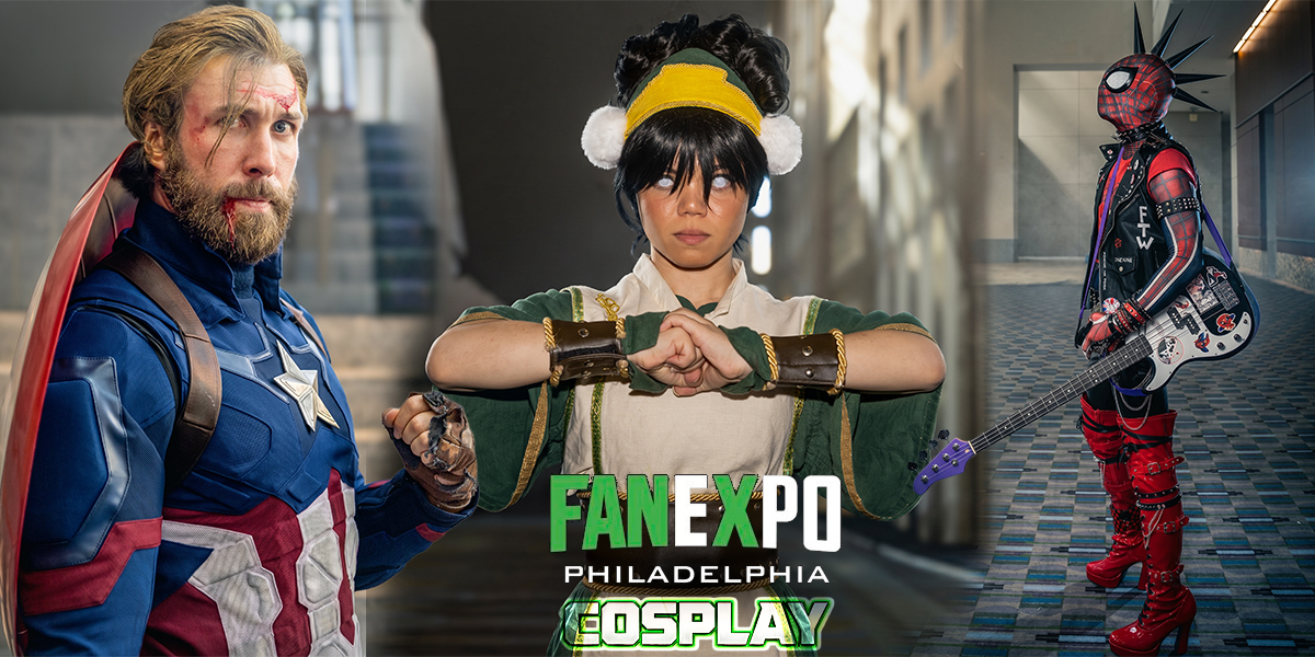 Fan Expo Philadelphia 2026 cosplay feature image with Captain America, Toph and Spider-Punk cosplayers and Fan Expo Philadelphia Cosplay branding