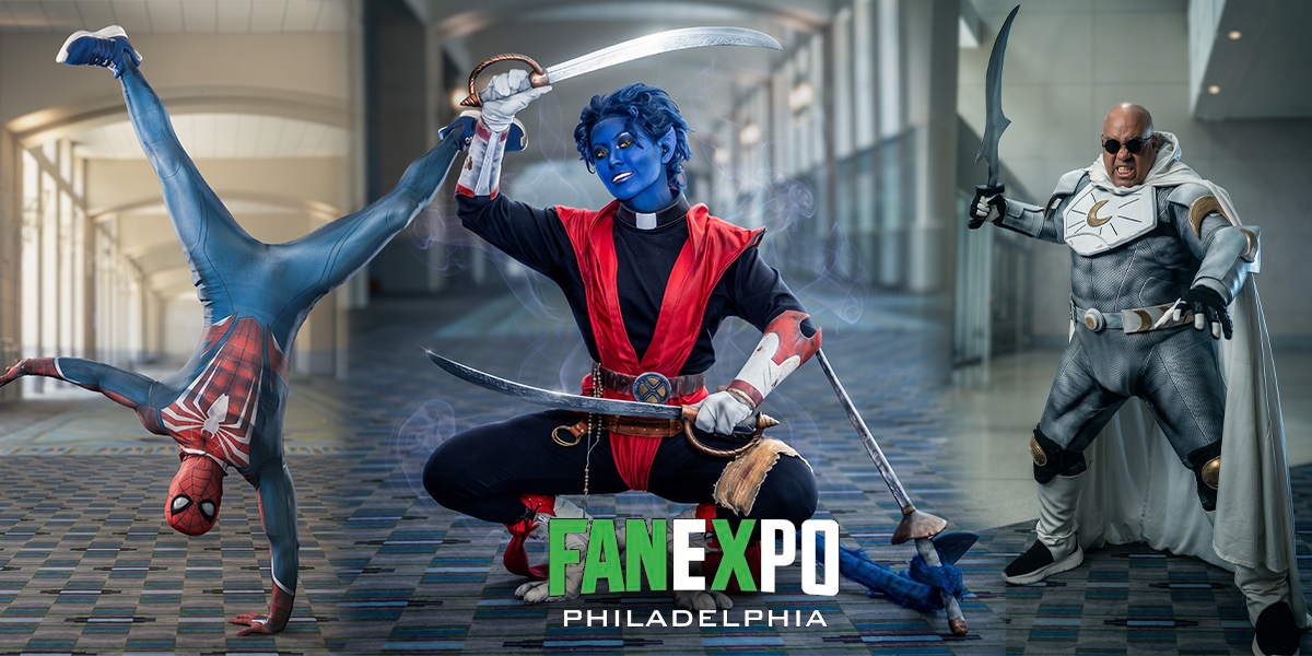 Fan Expo Philadelphia 2026 feature image with Spider-Man, Nightcrawler and Blade Knight cosplayers at the Pennsylvania Convention Center