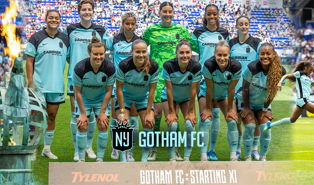 Gotham FC Defeats Houston Dash 1-0 at Sports Illustrated Stadium Gotham FC @gothamfc feature graphic showing the Liberty-style torch, the starting XI team portrait and a player running with the ball during the Houston Dash match.