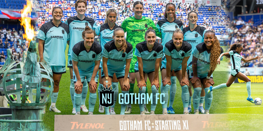 Gotham FC @gothamfc feature graphic showing the Liberty-style torch, the starting XI team portrait and a player running with the ball during the Houston Dash match.
