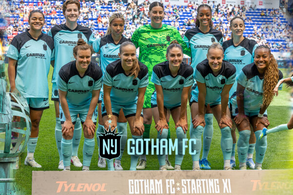 Gotham FC Defeats Houston Dash 1-0 at Sports Illustrated Stadium Gotham FC @gothamfc feature graphic showing the Liberty-style torch, the starting XI team portrait and a player running with the ball during the Houston Dash match.