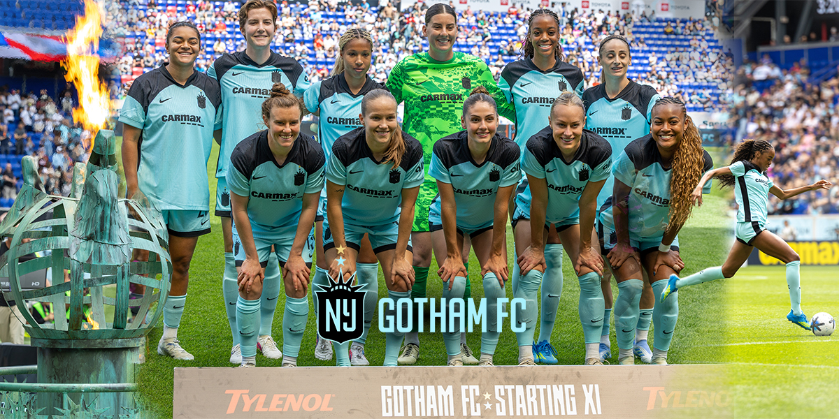 Gotham FC @gothamfc feature graphic showing the Liberty-style torch, the starting XI team portrait and a player running with the ball during the Houston Dash match.