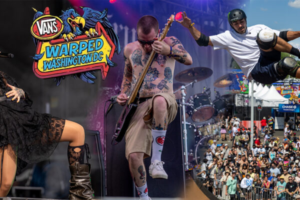 Collage from Vans Warped Tour DC 2026 showing JINJER performing, a Pain of Truth bassist onstage, and a skateboarder launching above the festival crowd at RFK Campus in Washington, D.C.
