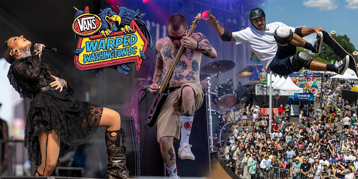 Collage from Vans Warped Tour DC 2026 showing JINJER performing, a Pain of Truth bassist onstage, and a skateboarder launching above the festival crowd at RFK Campus in Washington, D.C.