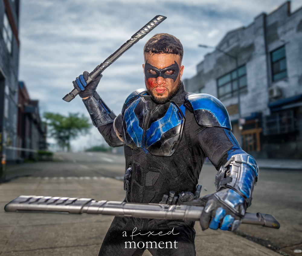 @maverick_warner in a Nightwing-inspired armored cosplay at Brooklyn Comic Con 2026