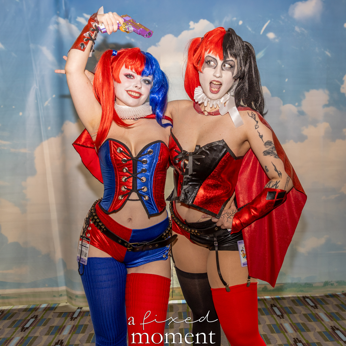 Harley Quinn-inspired cosplay duo by hell.baby.13 and scarlettclownn at Fan Expo Philadelphia 2026