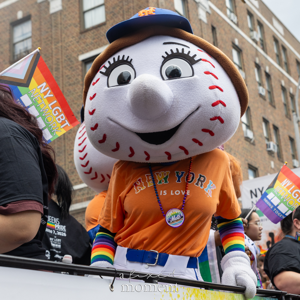 Mrs. Met appears on an NY LGBT Network Pride float.