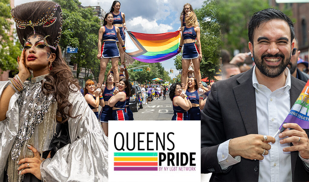 New Queens Pride Parade 2026 Fills Jackson Heights With Pride New Queens Pride Parade collage showing a drag performer, Cheer New York stunt with a Progress Pride flag, and Mayor Zohran Mamdani in Jackson Heights, Queens.
