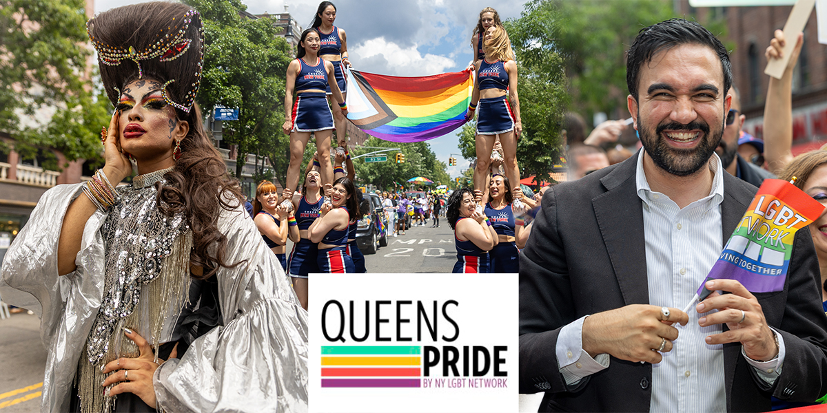 New Queens Pride Parade collage showing a drag performer, Cheer New York stunt with a Progress Pride flag, and Mayor Zohran Mamdani in Jackson Heights, Queens.