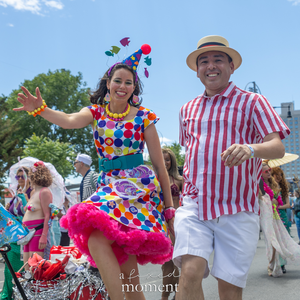 Colorful polka-dot dance duo at the Mermaid Parade.