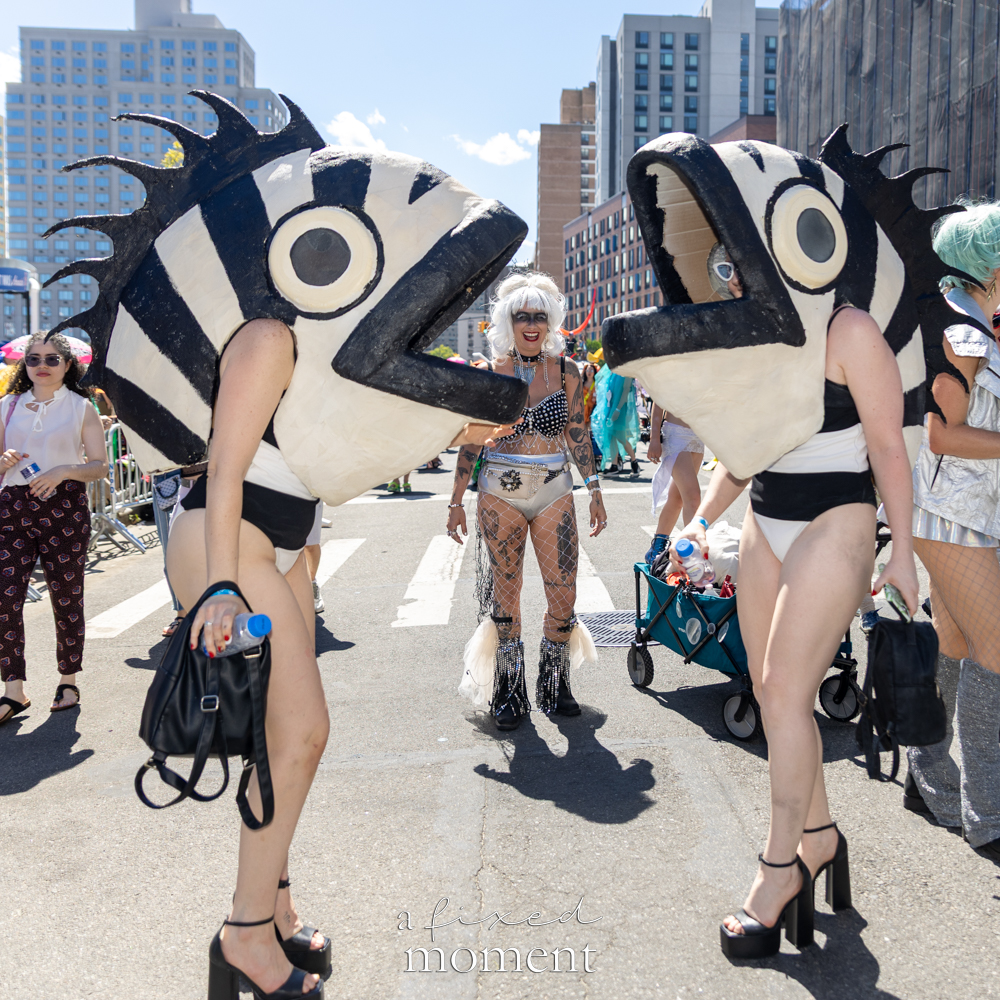 Giant fish-head costumes during the Mermaid Parade in Coney Island.