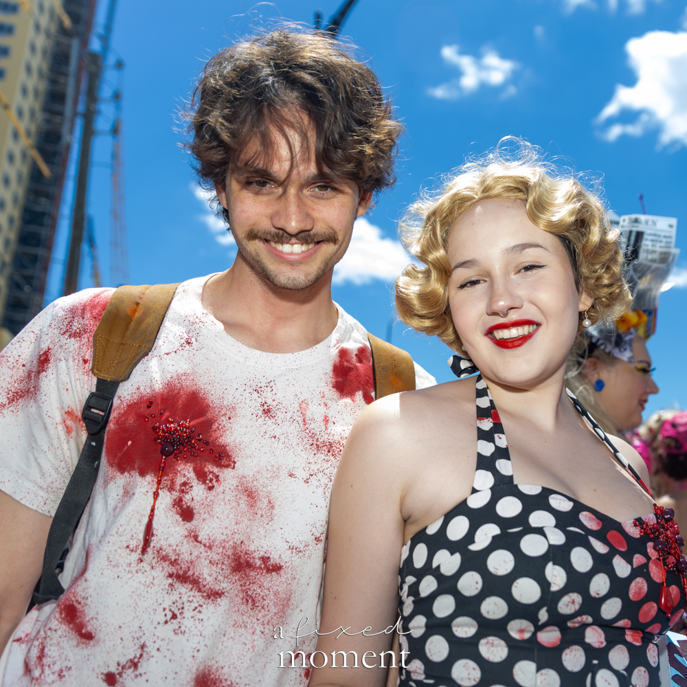 Sadie Elise and Donie I in vintage horror costumes at the Mermaid Parade.