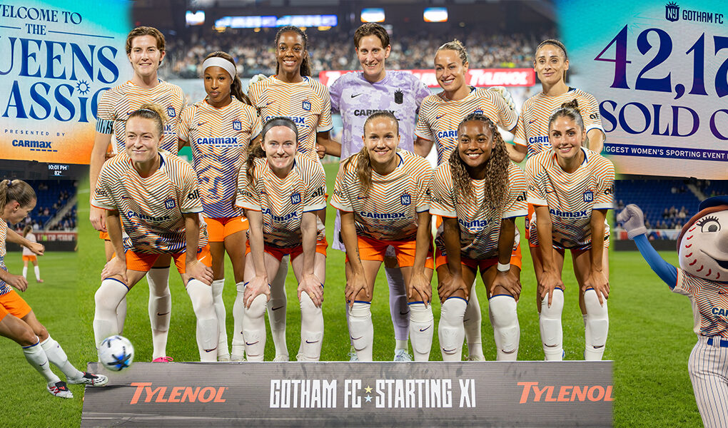 Gotham FC players at the Queens Classic at Citi Field with 42,175 sold-out attendance graphics