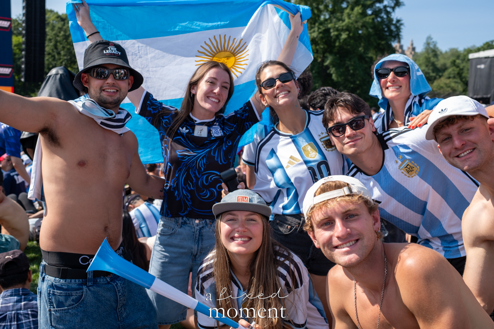 Group portrait of Argentina supporters at the Central Park World Cup watch party