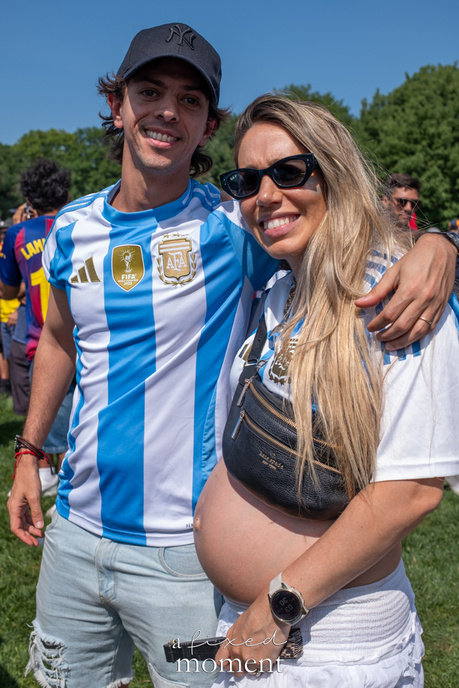 Argentina supporters in blue and white jerseys at the Central Park World Cup watch party