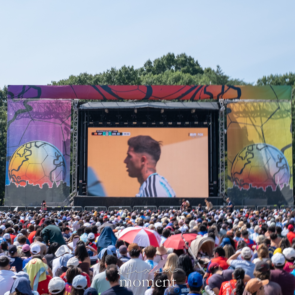 Large crowd watching the FIFA World Cup 2026 Final on a screen at Central Park's Great Lawn