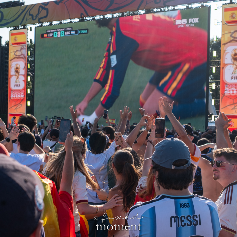 Central Park crowd and screen showing Spain's 1-0 World Cup Final victory over Argentina