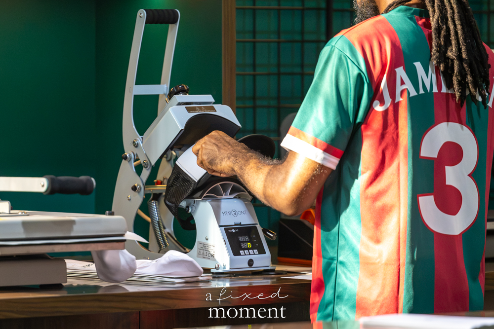 Jameson custom merch press detail at House of GOAL in Brooklyn