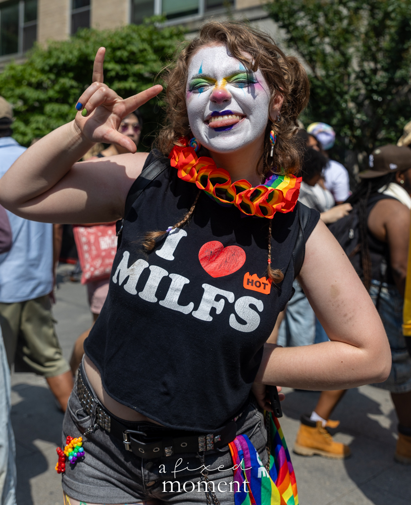 Scaredykat clown makeup Pride portrait at NYC Pride March 2026