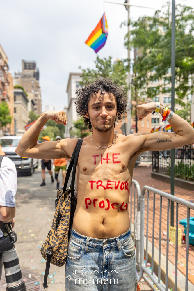 The Trevor Project body paint portrait at NYC Pride March 2026