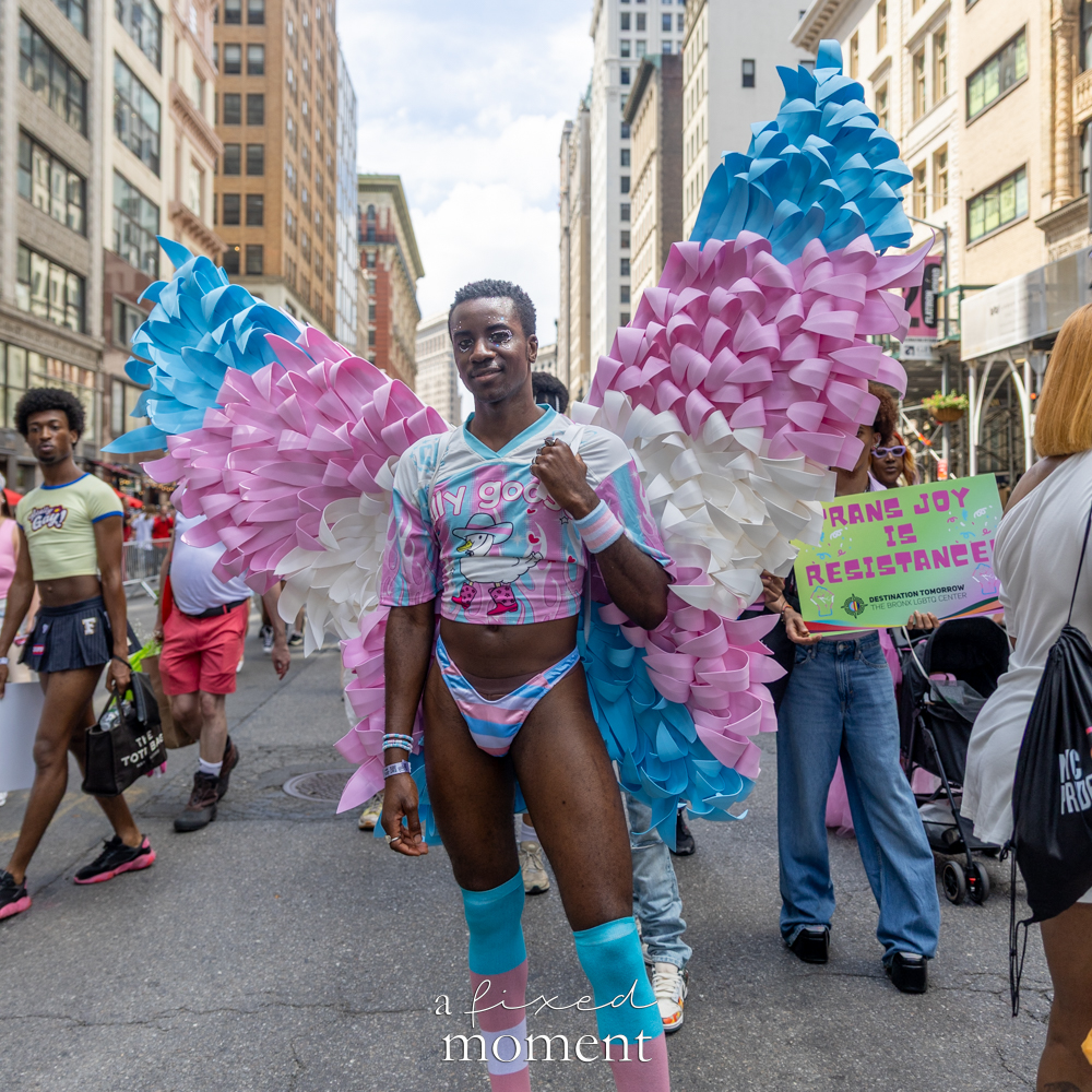 Wing costume and trans Pride flag during NYC Pride March 2026