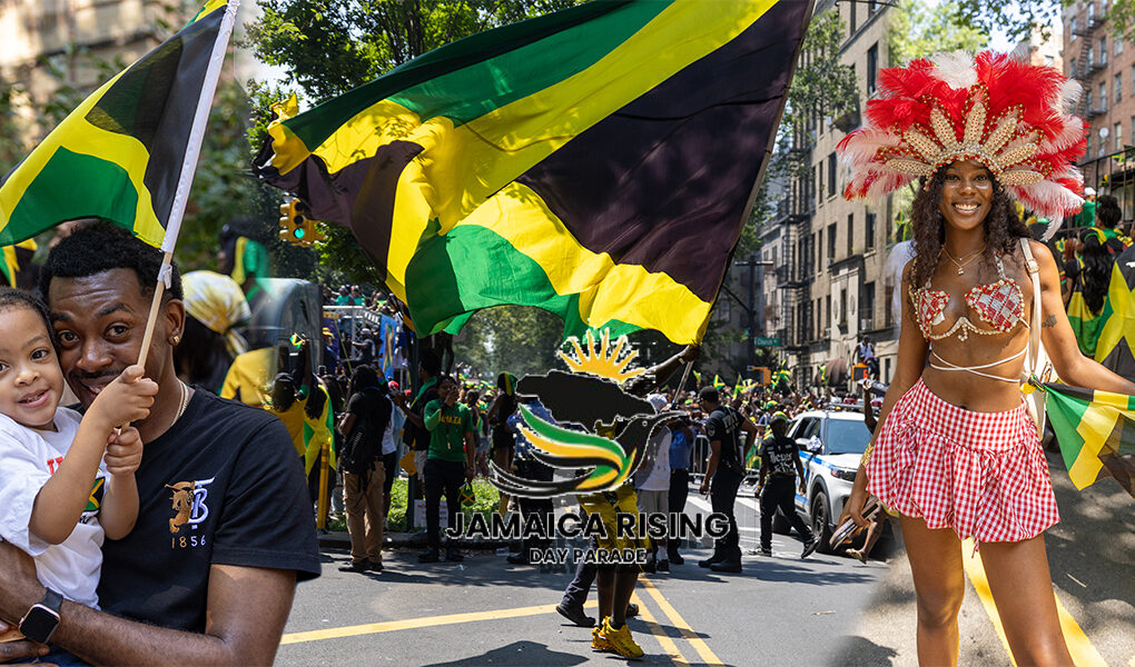 Jamaican flags, dancing paradegoers and a feathered carnival participant at the Jamaica Rising Day Parade in Brooklyn.