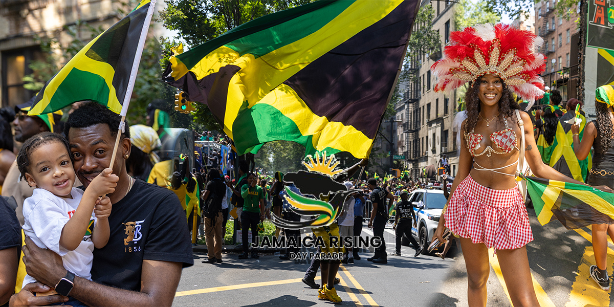 Jamaican flags, dancing paradegoers and a feathered carnival participant at the Jamaica Rising Day Parade in Brooklyn.
