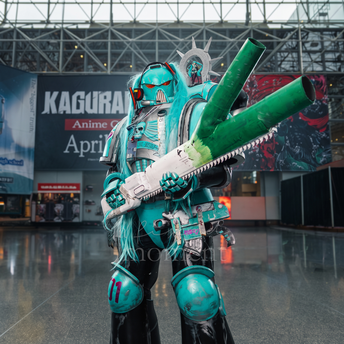 Hatsune Miku-inspired cosplay with a chainsword during Anime NYC 2026