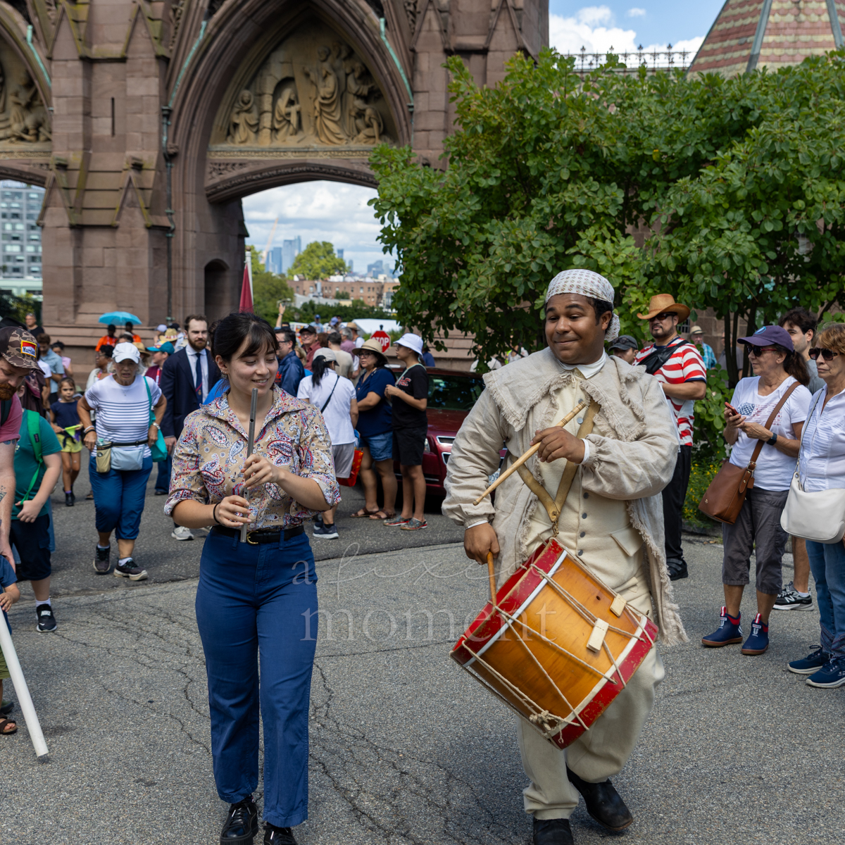 Fifer and drummer lead the Battle of Brooklyn 250 procession toward Battle Hill at Green-Wood Cemetery