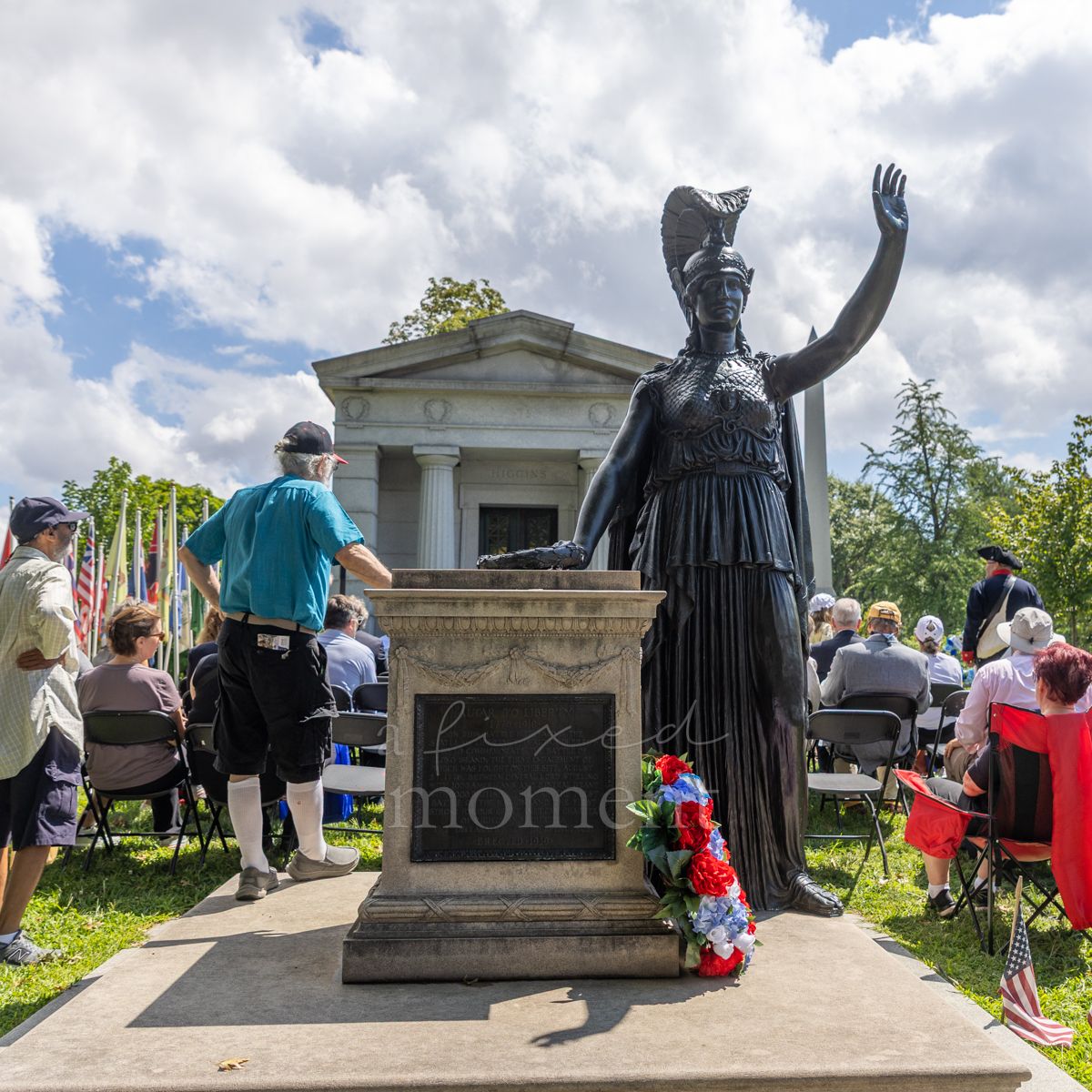 Minerva and the Altar to Liberty during the Battle of Brooklyn 250 ceremony at Green-Wood Cemetery