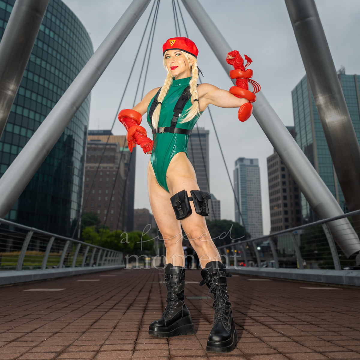 Cammy White Street Fighter cosplay near the Connecticut Convention Center during ConnectiCon 2026