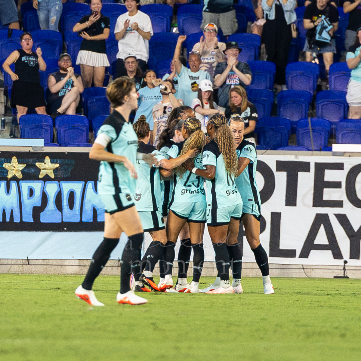 Gotham FC players celebrate a goal against Kansas City Current