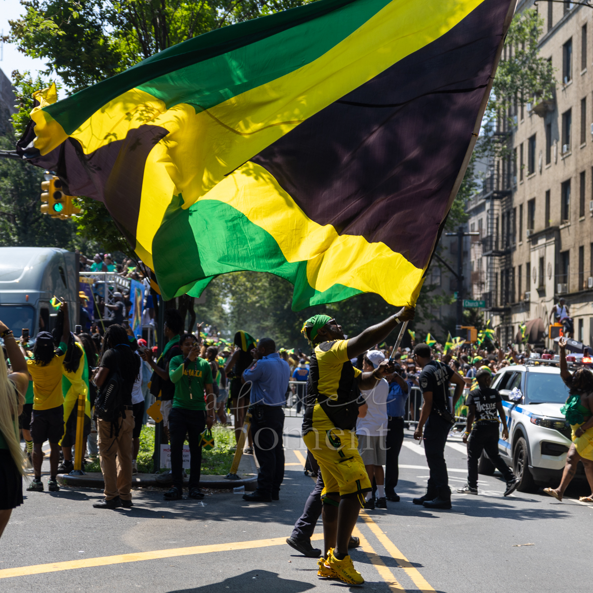 Man dressed in yellow and black waves an enormous Jamaican flag above a crowded Brooklyn parade route