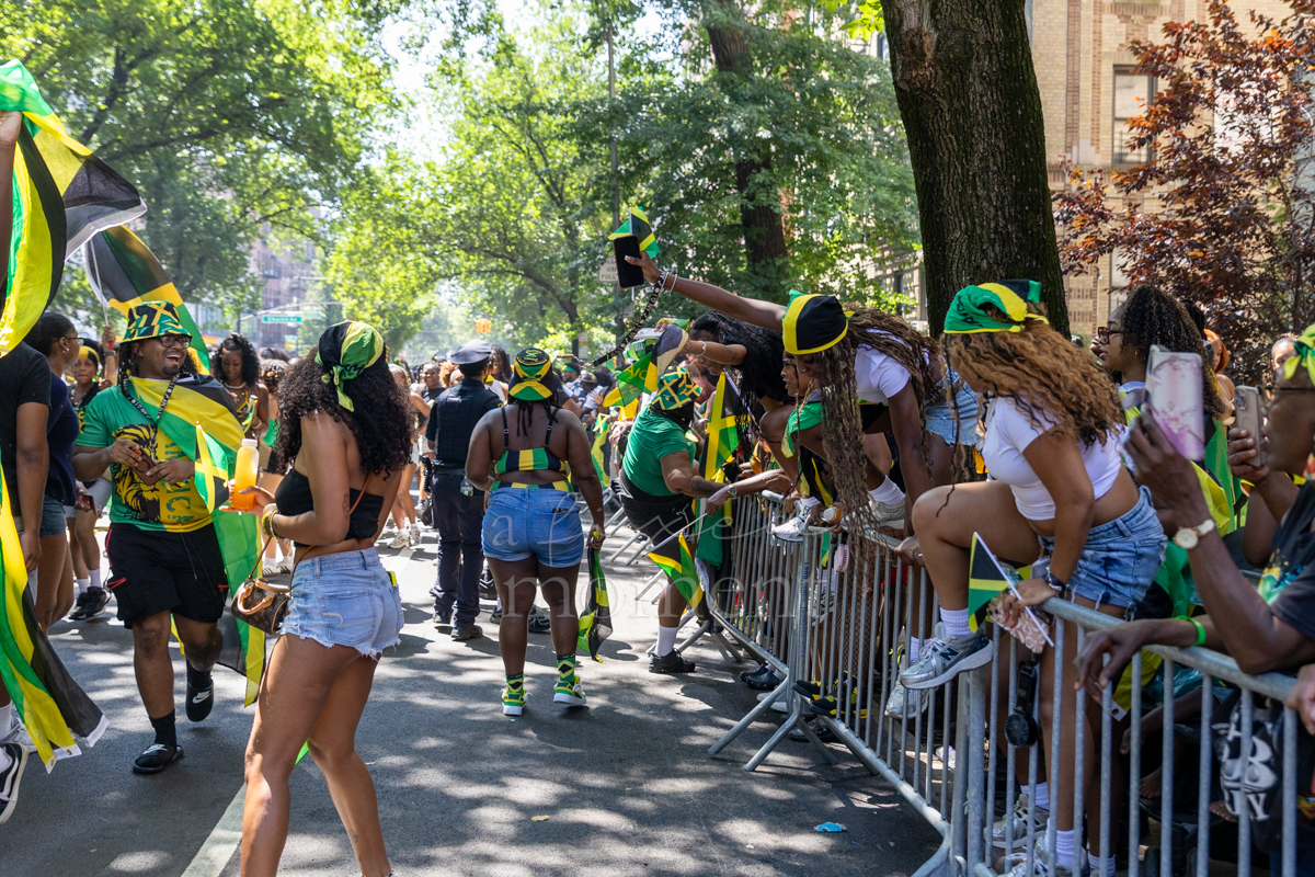 Paradegoers wearing green, gold and black climb over metal barricades to join the procession on a Brooklyn street