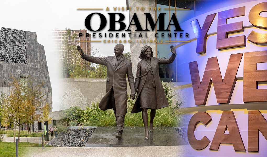Obama Presidential Center in Chicago featuring the Museum tower, Barack and Michelle Obama sculpture, and Yes We Can exhibit