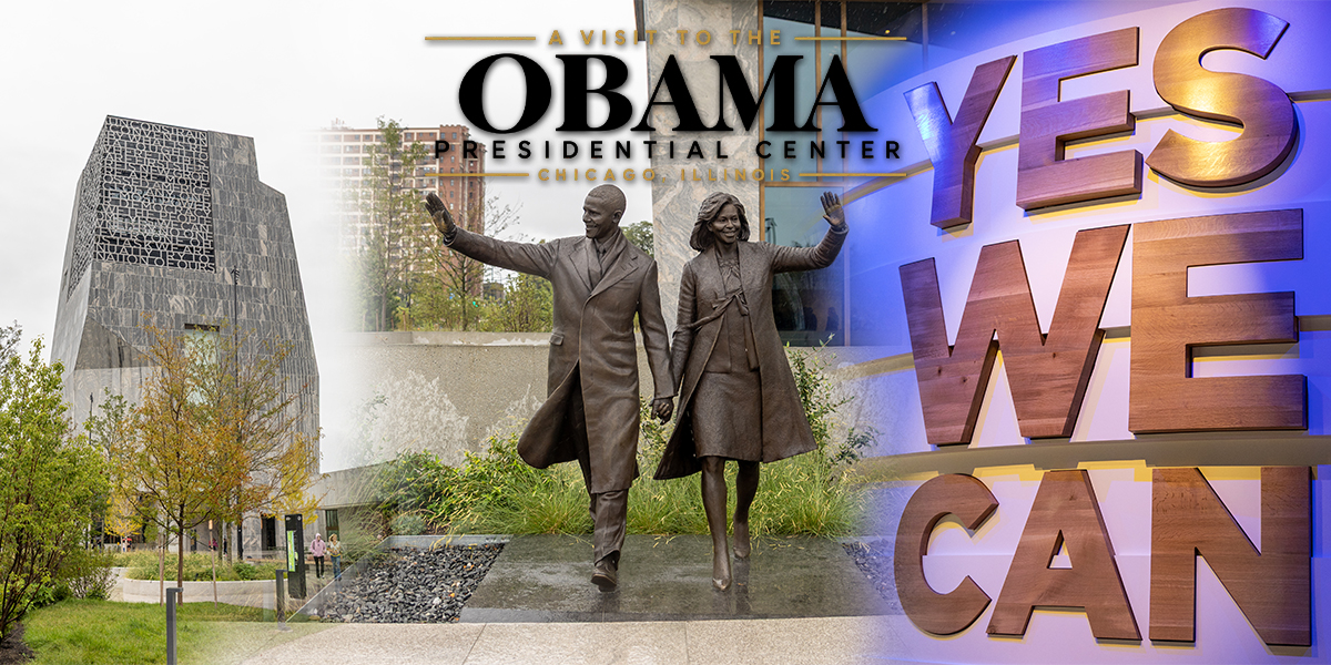 Obama Presidential Center in Chicago featuring the Museum tower, Barack and Michelle Obama sculpture, and Yes We Can exhibit