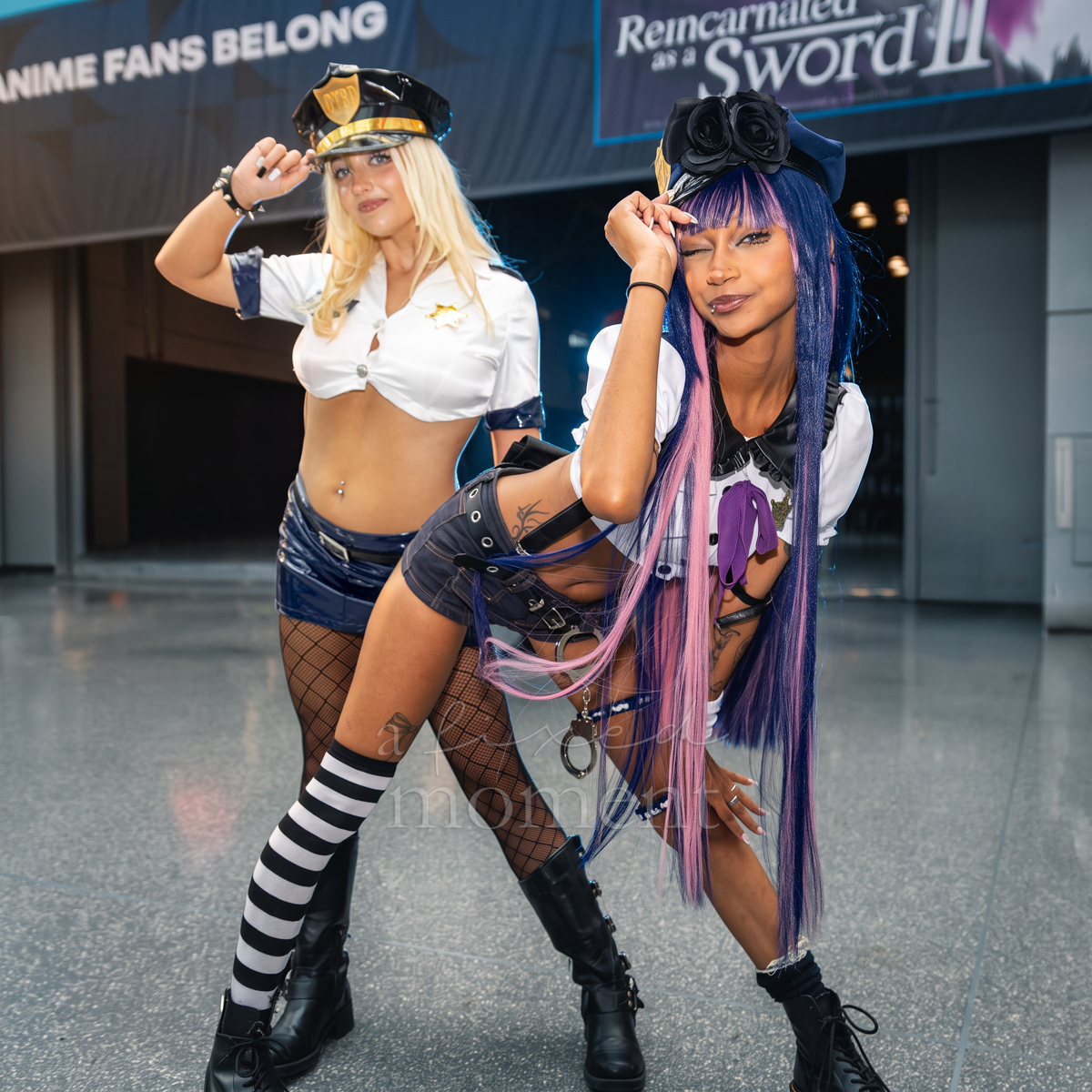 @dolllyfied as Panty and Stocking in police-uniform variants at Anime NYC 2026 Day Two