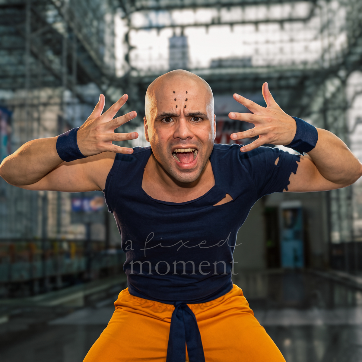 Cosplayer portrays battle-damaged Krillin from Dragon Ball at Anime NYC 2026 Day Two