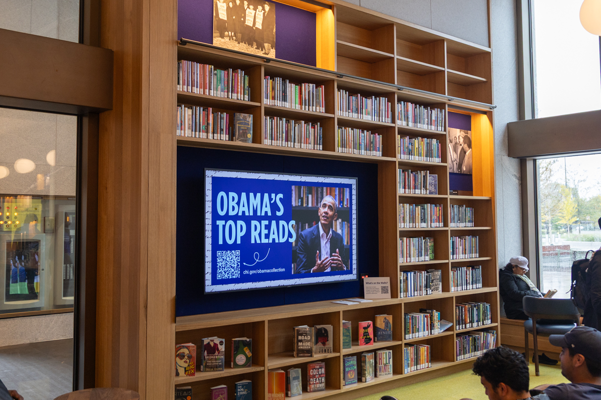 Obama's Top Reads display inside the Chicago Public Library branch at the Obama Presidential Center