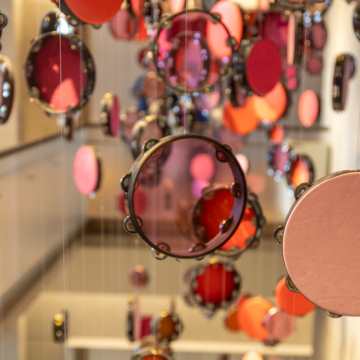 Suspended percussion artwork inside the Obama Presidential Center