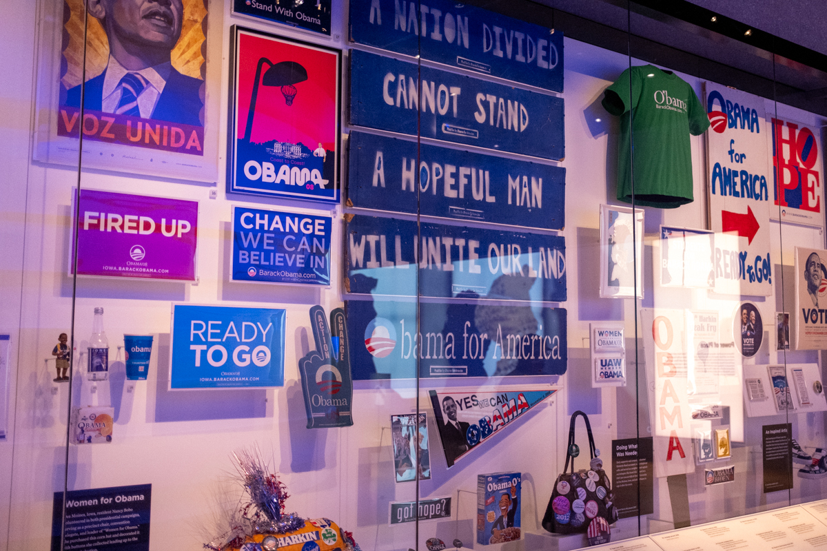 Obama campaign memorabilia displayed inside the Obama Presidential Center Museum