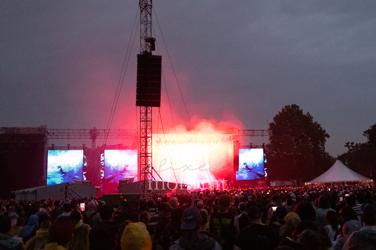 Large nighttime crowd watches Tool perform at Riot Fest 2026 in Douglass Park, Chicago