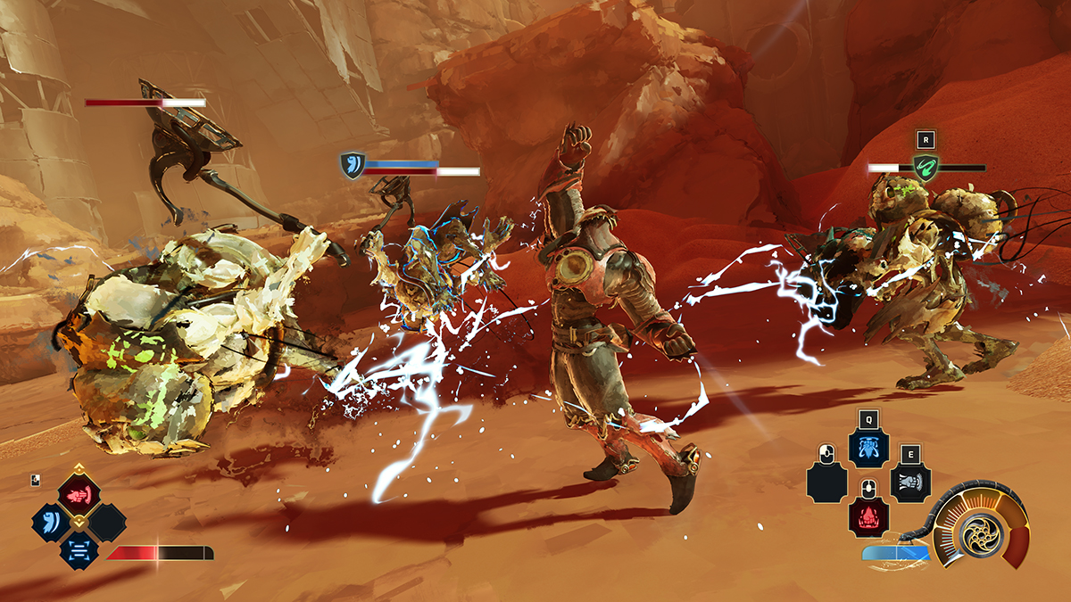 Elta: Defy All Gods gameplay showing electrical attacks striking enemies during a battle in a rocky environment.