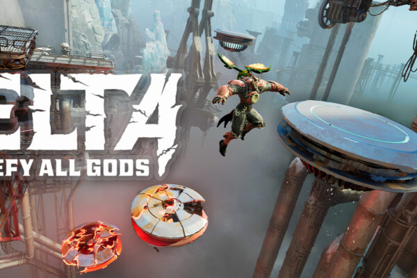 Gameplay screenshot from Elta: Defy All Gods showing a character leaping between floating platforms in a futuristic industrial environment.