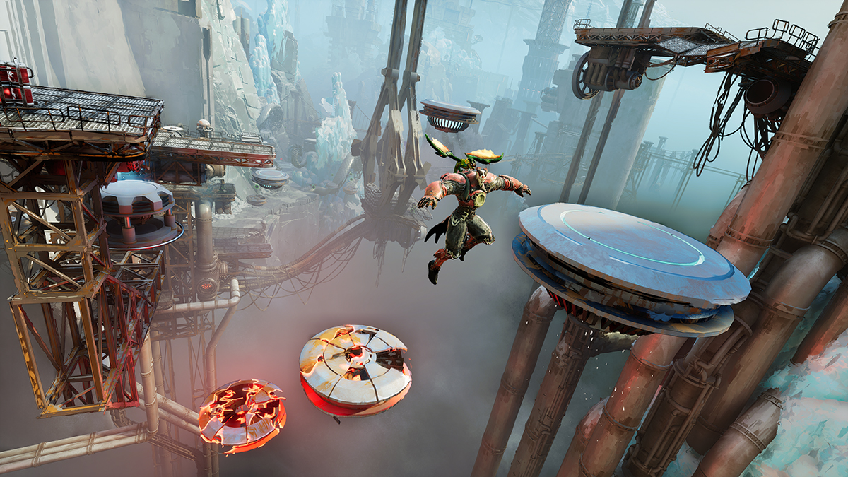 Elta: Defy All Gods gameplay showing a character jumping between suspended platforms in an industrial science-fiction environment.