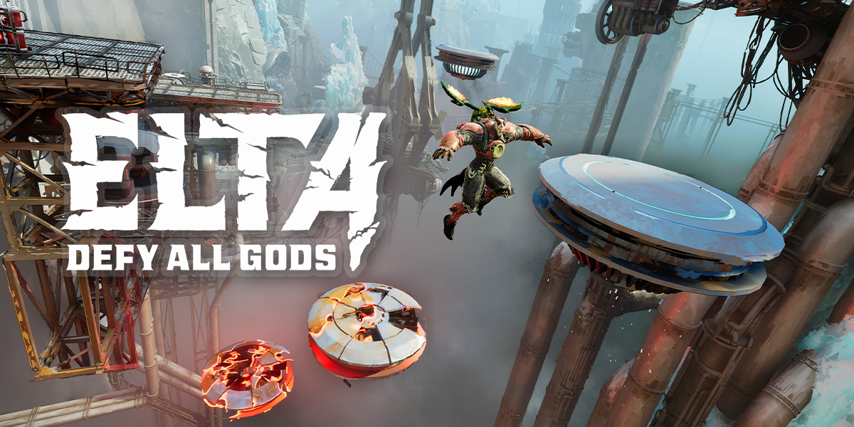 Gameplay screenshot from Elta: Defy All Gods showing a character leaping between floating platforms in a futuristic industrial environment.