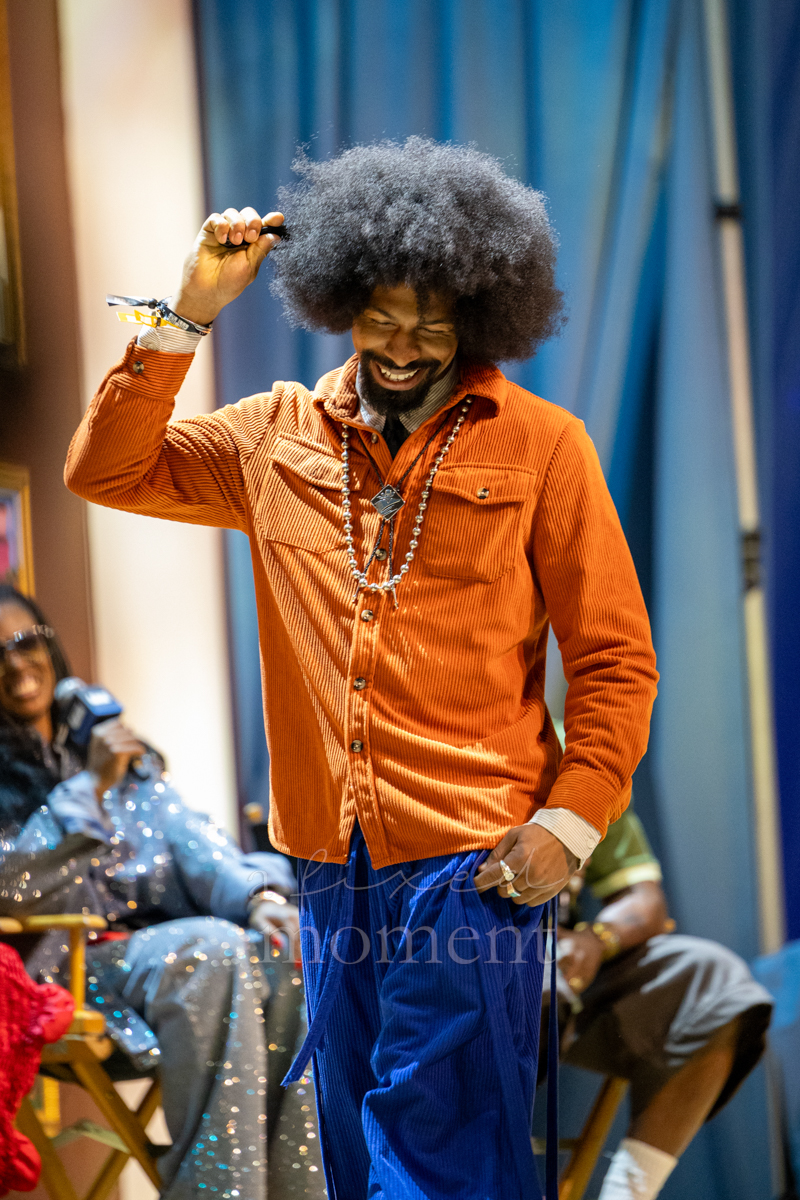 Orange and blue runway look